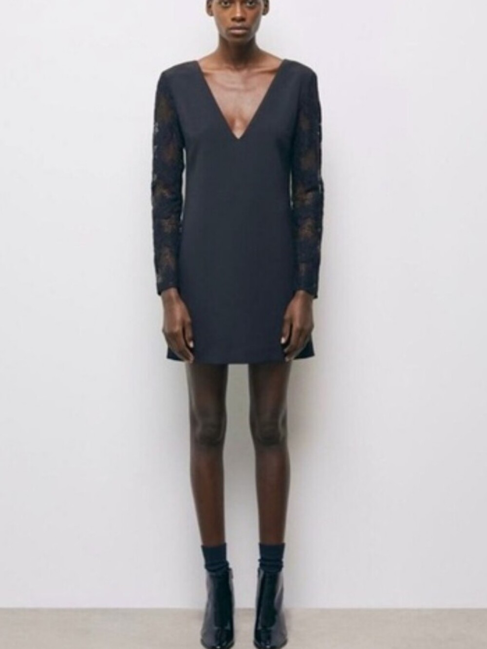 The Kooples Lace Sleeve Crepe Black Mini Dress  2 NEW